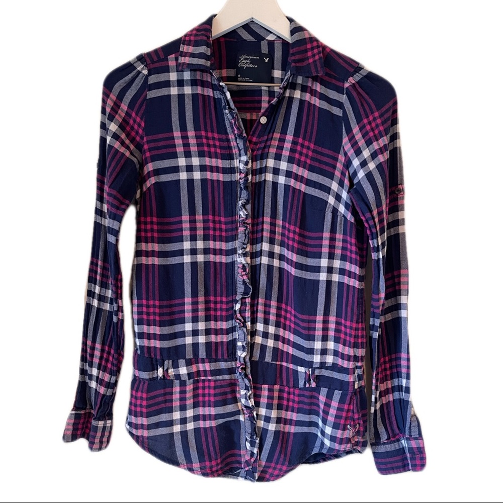 American Eagle Ruffle Front Cotton Plaid Shirt